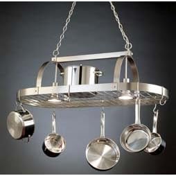 SteelWorx Large Contemporary Oval Hanging Pot Rack with Grid and 2 Downlights in Satin Nickel