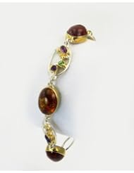Michou Bali Style  Sterling Silver .925  Gold Amber, Pearl, Peridot and Amethyst Bracelet Adjustable
