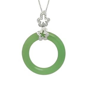 Sterling Silver Green Jade and Diamond Circle Pendant on Chain, 18 by
