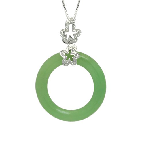 Sterling Silver Green Jade and Diamond Circle Pendant on Chain, 18"