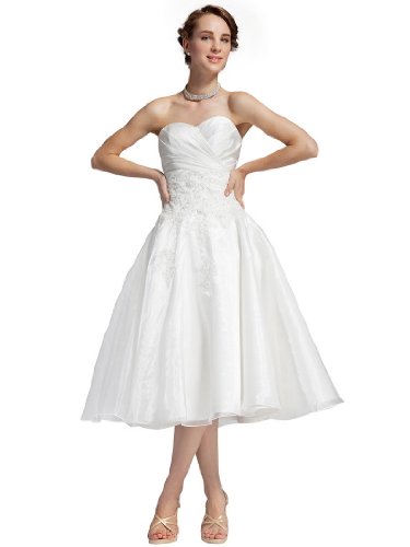 Topwedding Strapless Tea Length Organza over Satin Wedding Dress with Applique