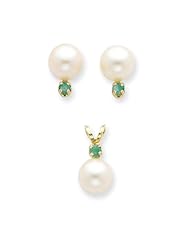 14k 7-7?Mm White Fw Cultured Pearl & Emerald Stud Earrings & Pendant