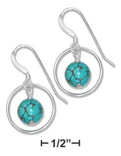 Sterling Silver 8mm Turquoise Ball Earrings Dangling in Wire Circle on French Wires Women's Jewelry