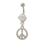 Dangling Peace Sign Belly Rings with Clear Jewels