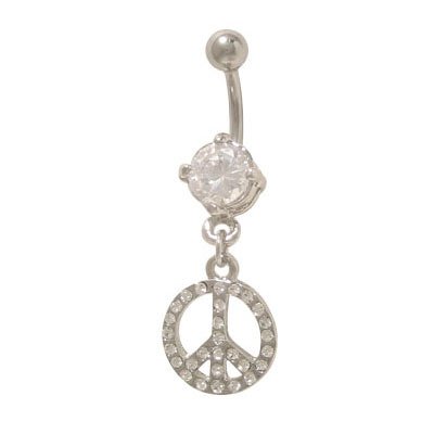 Dangling Peace Sign Belly Rings with Clear Jewels