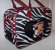 Designer Pet Carrier Zebra and Red with Heart Shaped Window