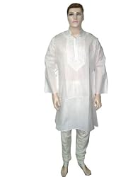 Mens Clothing Cotton Embroidered White Kurta Pajama Yoga Xl Chest 48 Inch