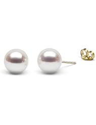 HinsonGayle AAA Handpicked Genuine Japanese Akoya 9.0-9.5mm White Cultured Pearl Stud Earrings (Solid 14K Yellow Gold)