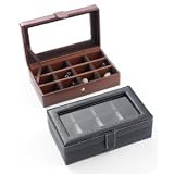 12 Cufflink Case, See Thru Glass Top, Black Leather