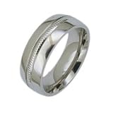 New Mens Titanium Polished Ring With Knurled Central Band, 8mm Wide. Available in most sizes. Comes in a Quality Gift Box.