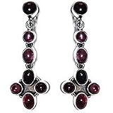 Earring In Sterling Silver & Garnet Gemstone Hand Engraved Indian Style 1.75 "