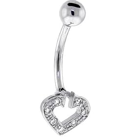 Solid 14KT White DIAMOND Paved HOLLOW HEART Belly Ring