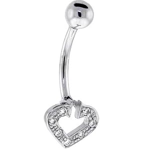 Solid 14KT White Genuine DIAMOND Paved HOLLOW HEART Belly Ring