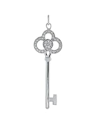 Sterling Silver Jeweled Clover Leaf Key Pendant w/ CZ Stones, 2 1/8 inch (54 mm) tall