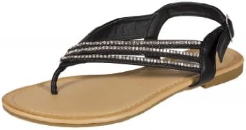 RCK Bella Women's Afreda-21 Side Diamond Chain Strappy Thong Flat Sandal, black leatherette, 7 M US
