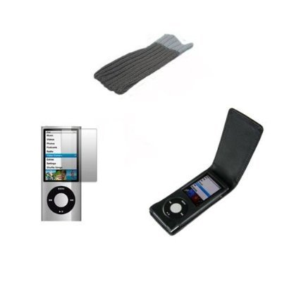 TeckNet Luxury Black Leather Ipod Nano 5G Leather Flip Case + Black sock and New Screen Protector- Black