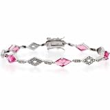 Sterling Silver Simulated Diamond cz and Dark Pink cz Link Bracelet