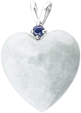 Sterling Silver Pendant with a 20 x 20 mm Handcrafted Light Green Jade Heart and a Natural Blue-Sapphire