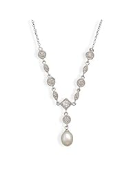 16" Rhodium Plated Cultured Freshwater Pearl & Marquise/Round CZ Necklace