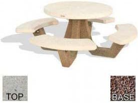 42" Concrete Round Picnic Table, Tan River Rock Top, Red Quartzite Leg
