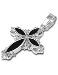 Sterling Silver Black Onyx Cross Pendant Gift Christian Charm Pure 925 New 22mm with 1mm Ball Bead Chain