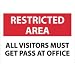 NMC RA3AB Security Sign, Legend "RESTRICTED AREA - ALL VISITORS MUST GET PASS AT OFFICE", 14" Length x 10" Height, Aluminum, Black/Red on White