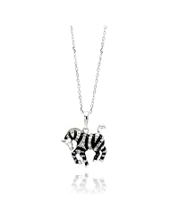 Rhodium Plated 925 Sterling Silver Black & White Cubic Zirconia CZ Zebra Animal Charm Pendant Necklace with 17"-18" Adjustable Link Chain