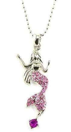 Gorgeous Pink Crystal Dancing Mermaid Charm Necklace