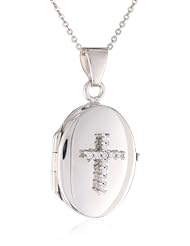 Italian 925 Oval Cubic-Zirconia Cross Chain Locket Necklace, 18"