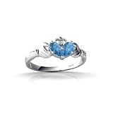 14K White Gold Genuine Pear Blue Topaz and Diamond Celtic Claddagh Ring