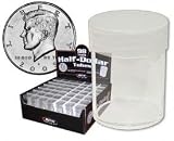 COIN STORAGE TUBES, round clear plastic w/ screw on tops for HALF DOLLARS (DISPLAY BOX of 98)