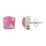 Les Poulettes Jewels - Sterling Silver and Cat Eye Square Earrings - Pink Color