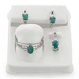 14k White Gold Diamond & Emerald Ring, Earrings & Pendant Set