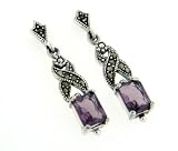 Sterling Silver Marcasite Emerald-Cut Synthetic 7x9mm Amethyst Post Earrings