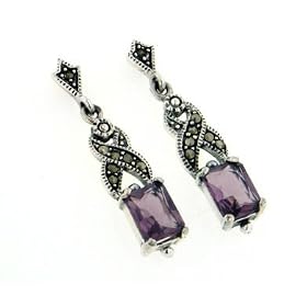 Sterling Silver Marcasite Emerald-Cut Synthetic 7x9mm Amethyst Post Earrings by Silver Insanity
