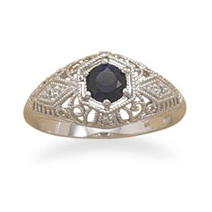 Filigree Dark Blue Sapphire Color CZ Rhodium Over Sterling Silver Band Ring