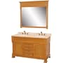 Newcastle 55" Transitional Double Bathroom Vanity and Mirror - Oak w/ Ivory Marble Counter