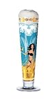 Pilsner Beer Glass, Bikini Babe Surf's Up, Designer Color Enamel Beer Glass w/ Coaster in Gift Box