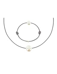 Les Poulettes Jewels - Necklace and Bracelet Set White Pearl 8-9 mm with Dark Grey Wax Cord