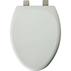 Mayfair 149BNEC 000 Molded Wood Toilet Seat with Brushed Nickel Easy Clean and Change Hinges, Elongated, White