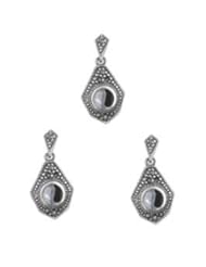 Sterling Silver Mother of Pearl Onyx Yin Yang Irregular Diamond Marcasite Earring Pendant Set