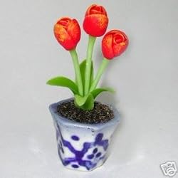 Dollhouse Miniature Red Tulips in a Blue and White Pot