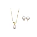 14K Yellow Gold 0.05 ct. Diamond and Pearl Necklace with Earrings Set