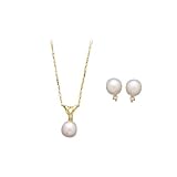 14K Yellow Gold 0.05 ct. Diamond and Pearl Necklace with Earrings Set