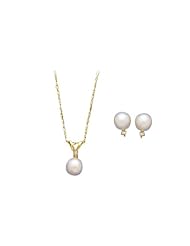 14K Yellow Gold 0.05 ct. Diamond and Pearl Necklace with Earrings Set