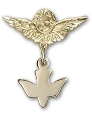 14kt Gold Baby Badge with Holy Spirit Charm and Angel w/Wings Badge Pin