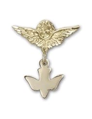 14K Gold Baby Badge with Holy Spirit Charm and Angel with Wings Badge Pin