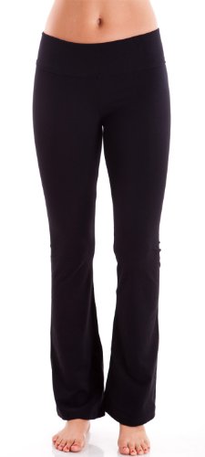 Black Ladies Fold-Over Waist Flared Legs Yoga Pants