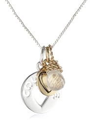 Two-Tone Sterling Silver with Yellow Gold Flashed "Courage" Charm Necklace with Heart Charm and Crystal, 18"