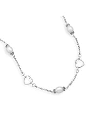 16"+2" Extension Rhodium Plated Oxidized Necklace with Cultured Freshwater Pearls and Cut Out Hearts